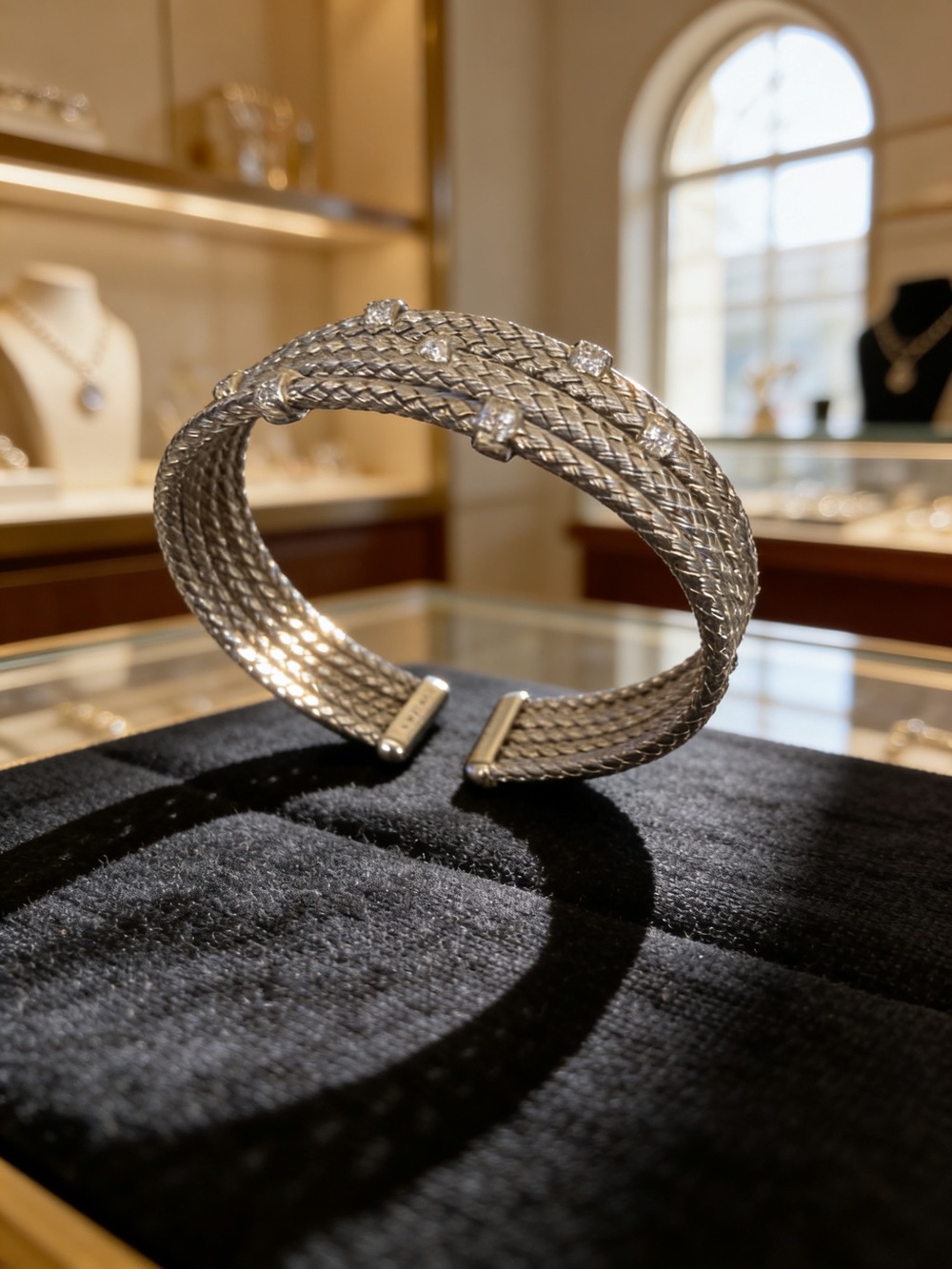 Steinless steel silver plated Woven Cuff Bracelet with Crystal Accents